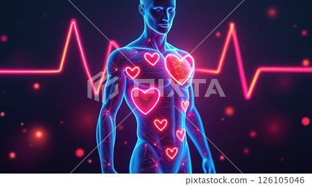 Futuristic human figure with heart symbols and heartbeat graphic. 126105046