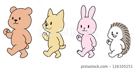 Illustration of a bear, dog, rabbit, and hedgehog marching (cute animals, for children) Illustration of a bear, dog, rabbit, and hedgehog marching (cute animals, for children) 126105251