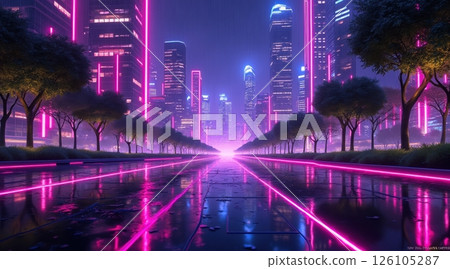 Futuristic cityscape with neon lights and reflections 126105287
