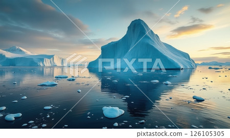 Iceberg reflecting in calm waters at sunset. 126105305