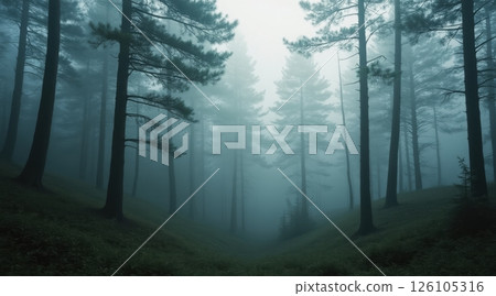 Misty forest with tall trees and dense fog. 126105316
