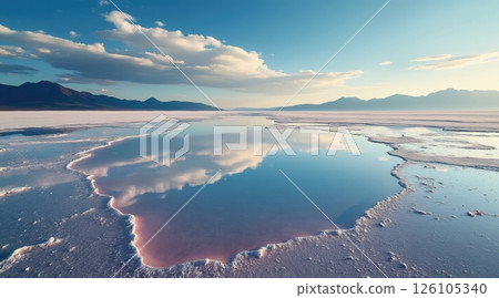 Vast salt flat reflecting a serene sky and clouds. 126105340