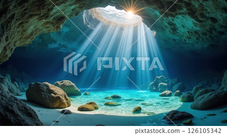 Cave with sunlight beams illuminating underwater scene 126105342