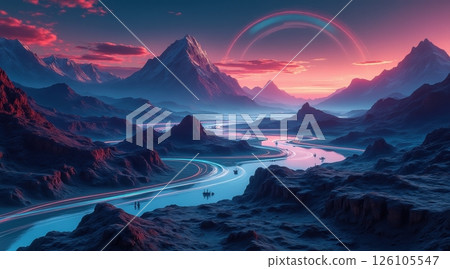 Surreal landscape with mountains and a river under vibrant skies. Surreal landscape with mountains and a river under vibrant skies. 126105547