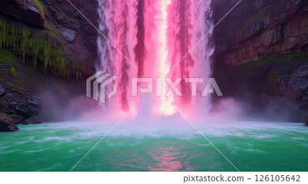 Vibrant waterfall cascading into turquoise water. Vibrant waterfall cascading into turquoise water. 126105642