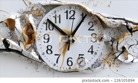 Damaged clock with cracked surface and distorted numbers. 126105894