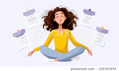 Meditative woman surrounded by notes and reminders. 126105954