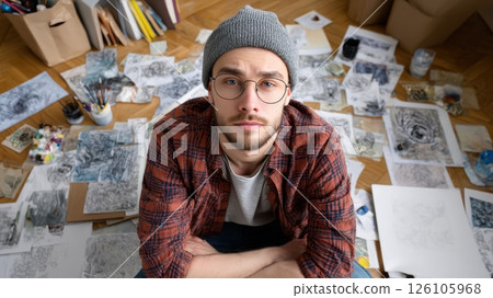 Creative artist surrounded by sketches and art materials. 126105968