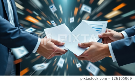 Business conflict concept, Hands exchanging documents with a dynamic background. 126105969