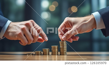 business and financial concept, Hands stacking coins on a table in a business setting. 126105970