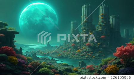 Surreal landscape with towering structures and a large moon. 126105996