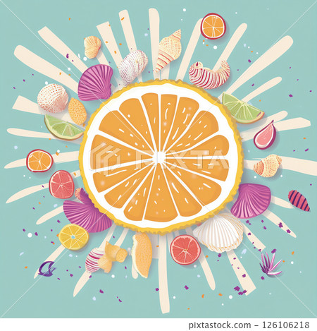 A circle surrounded by sunrays, seashells, and fruit slices A circle surrounded by sunrays, seashells, and fruit slices 126106218