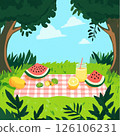 A colorful picnic setup in a sunny meadow with watermelon slices, lemonade, and a checkered blanket 126106231