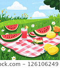 A colorful picnic setup in a sunny meadow with watermelon slices, lemonade, and a checkered blanket 126106249