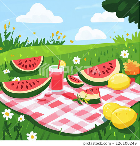 A colorful picnic setup in a sunny meadow with watermelon slices, lemonade, and a checkered blanket A colorful picnic setup in a sunny meadow with watermelon slices, lemonade, and a checkered blanket 126106249