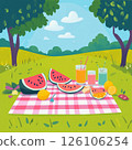 A colorful picnic setup in a sunny meadow with watermelon slices, lemonade, and a checkered blanket 126106254