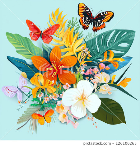 A vibrant bloom of tropical flowers in full summer color, with butterflies fluttering 126106263
