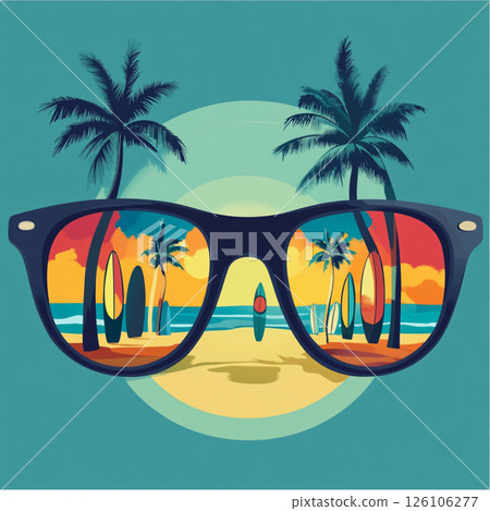 Stylish sunglasses reflecting a beach scene with palm trees and surfboards 126106277