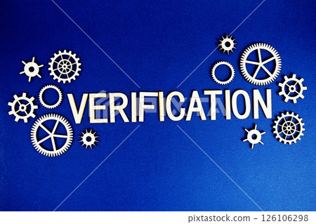 Verification alphabet letters with gears element on navy blue background Verification alphabet letters with gears element on navy blue background 126106298