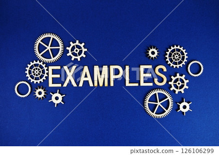 Examples alphabet letters with gears element on navy blue background 126106299