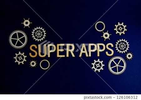 Super Apps alphabet letters with gears element on navy blue background 126106312