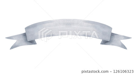 Gray ribbon for text. Watercolor and marker illustration. Hand drawn isolated strip for banner. Vintage curved blank ribbon art for cards or invitations. Place for inscriptions. Template for message. 126106323