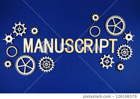 Manuscript alphabet letters with gears element on navy blue background 126106379