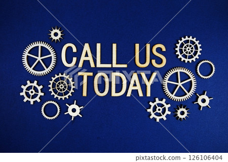 Call Us Today alphabet letters with gears element on navy blue background 126106404