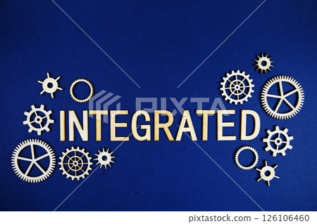 Integrated alphabet letters with gears element on navy blue background 126106460
