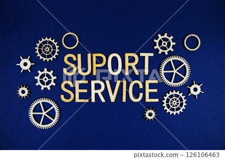 Support Service alphabet letters with gears element on navy blue background Support Service alphabet letters with gears element on navy blue background 126106463