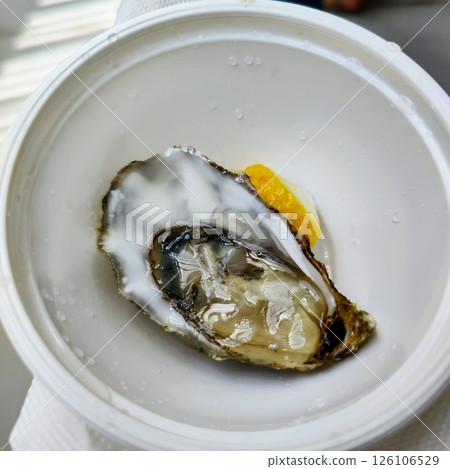 oyster and lemon on a plastic plate .an outdoor food market in Porto. Delicious seafood  126106529