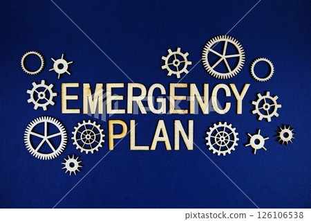Emergency Plan alphabet letters with gears element on navy blue background 126106538