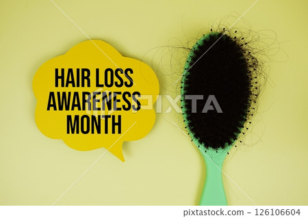 Hair Loss Awareness Month text with magnifying glass and Severe hair loss with comb brush on yellow background Hair Loss Awareness Month text with magnifying glass and Severe hair loss with comb brush on yellow background 126106604