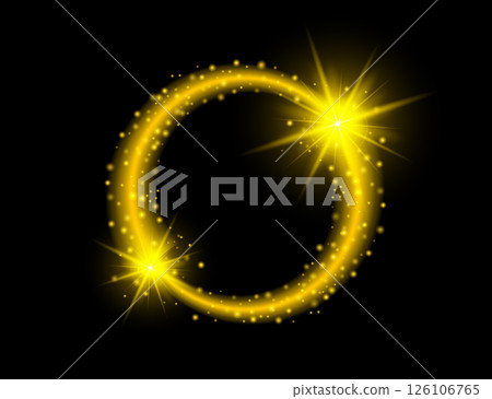 Golden glowing circle with sparkling stars on black background Golden glowing circle with sparkling stars on black background 126106765