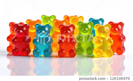Colorful gummy bears stand on reflective surface, showcasing vibrant hues and playful arrangement 126106970