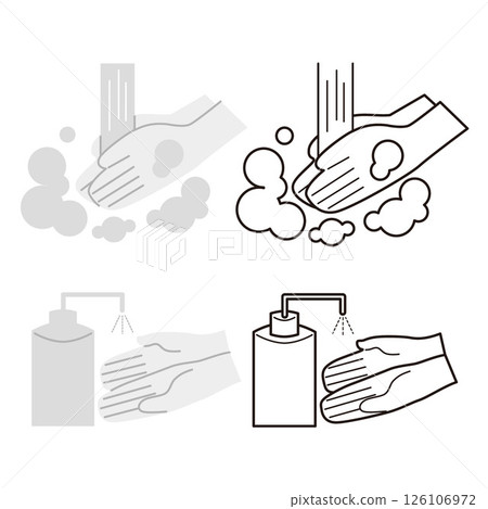 Monochrome illustration of washing and disinfecting hands 126106972