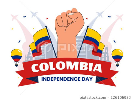Happy Colombia Independence Day Vector Illustration featuring a Colombian Waving Flag and Ribbon in a National Holiday Celebration Background 126106983
