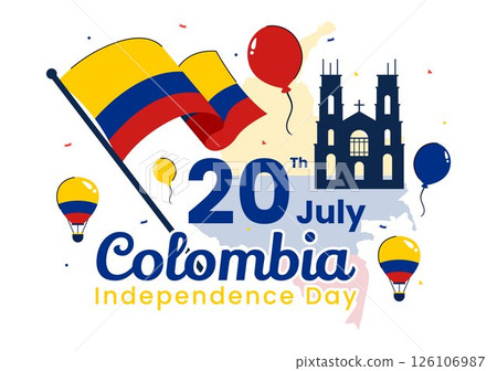 Happy Colombia Independence Day Vector Illustration featuring a Colombian Waving Flag and Ribbon in a National Holiday Celebration Background 126106987