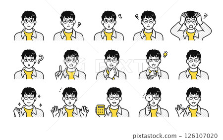 戴眼鏡的年輕男子的面部表情圖標集 戴眼鏡的年輕男子的面部表情圖標集 126107020