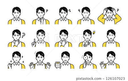Facial expression icon set of a young man wearing a cardigan 126107023