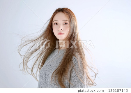 "AI-generated image" of a beautiful woman photographed at a hair salon "AI-generated image" of a beautiful woman photographed at a hair salon 126107143