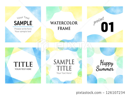水彩時尚方形向量框架集（藍色，夏季圖像） 126107234