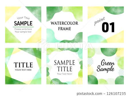 Watercolor stylish square vector frame set (green, fresh green, summer image) 126107235