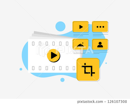 Micro video storytelling for social media - vector illustration of video editing interface with trim and play icons. Short-form content creation and mobile-first video marketing strategies 126107308
