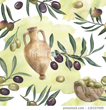 A seamless pattern with olive branches, amphora, a wooden plate filled with olives against the background of yellow-green watercolor spots. The watercolor illustration is manually drawn in a botanical A seamless pattern with olive branches, amphora, a wooden plate filled with olives against the background of yellow-green watercolor spots. The watercolor illustration is manually drawn in a botanical 126107499