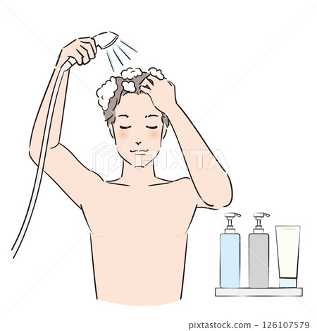 A man rinsing his shampooed hair in the shower 126107579