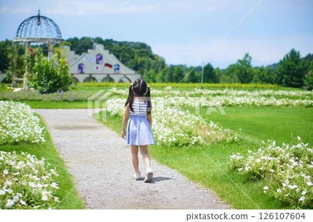 一年級小學生在大公園的大花園中漫步的背影 126107604