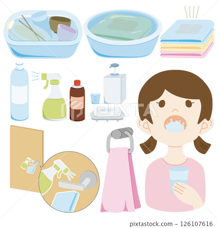Hand washing, gargling, bleaching, disinfection, vector illustration set 126107616
