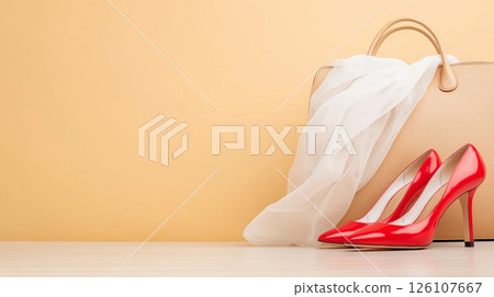 Elegant fashion accessories: red heels, beige handbag, white scarf on neutral background Elegant fashion accessories: red heels, beige handbag, white scarf on neutral background 126107667
