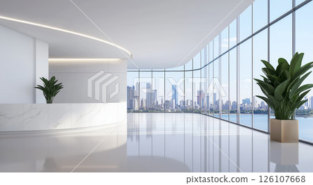 Modern office lobby with city skyline view and large glass windows 126107668